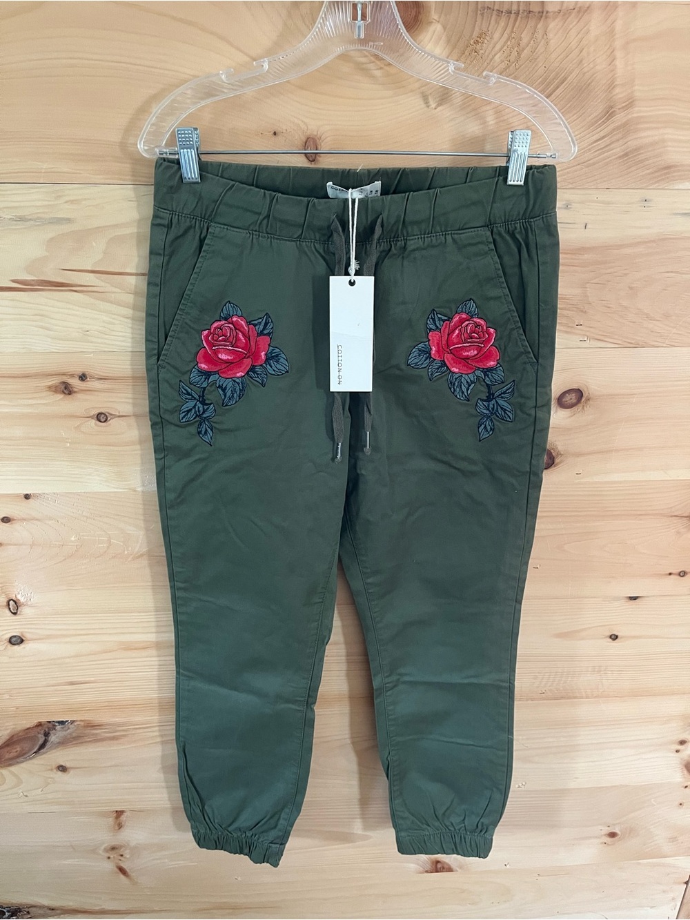 Cotton On Olive Green Joggers with Red Rose Embroidery NWT Size 6
